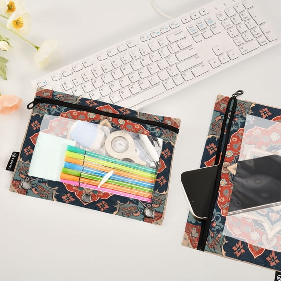 Pattern Rettro 2 Pack Pencil Pouches Zipper Pencil Case 3 Ring Pencil Pouch Cosmetic Bag