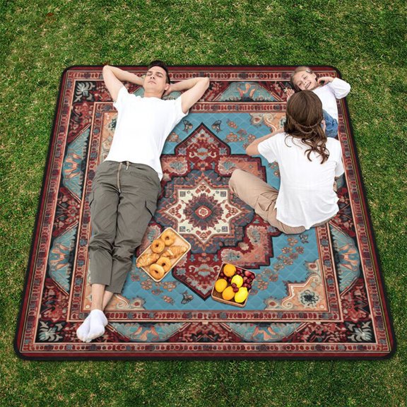 Pattern Rettro Traddional Beach Blanket Outdoor Picnic Blanket 78"x 78" Waterproof Foldable for Beach Camping Travel Hiking Grass Lawn Park