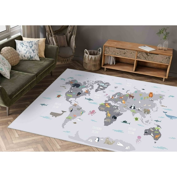 Pattern Rug, Children Rug, Front Door Rugs, Educational Map Rugs, Nursery Rugs, World Map With Animals Rug, Luxury Rugs, Thin Rug, Kids Rug, 3.3'x5' - 100x150 cm