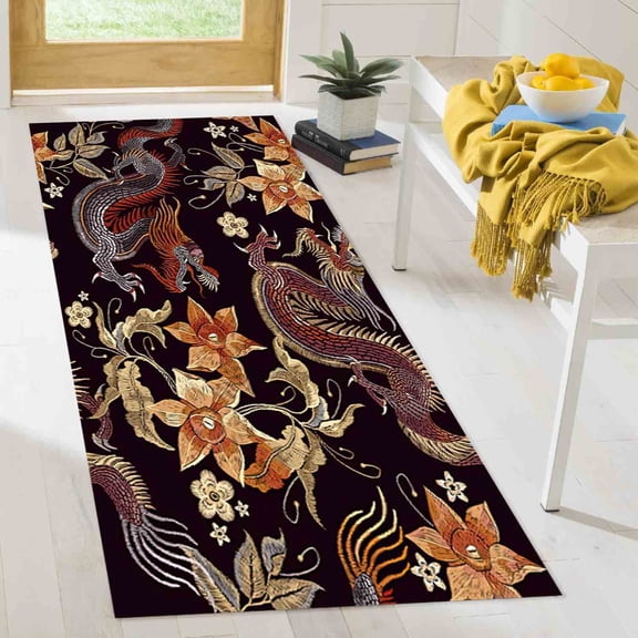 Pattern Rug, Salon Rug, Living Room Rugs, Floral Rug, Modern Rug, Asian Dragon Pattern Rugs, Dragons Rugs, Gift For Him Rug, Black Rug, 2.6'x5' - 80x150 cm