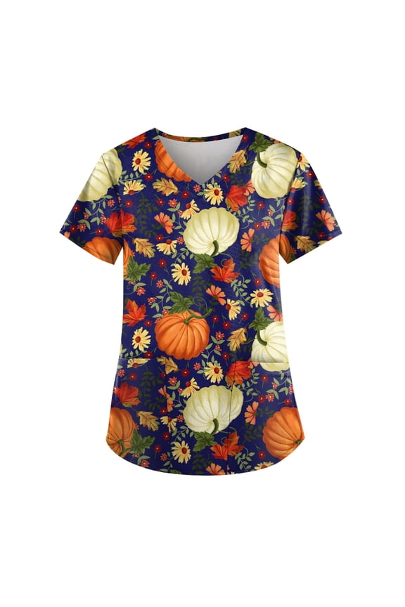 Pattern Scrubs For Women,Plus Size Women'S Halloween Pumpkin-Headed Bat Printed Scrub Tops V-Neck Fun T Shirts Nurse Uniform Tee With Pockets,Navy,Xl