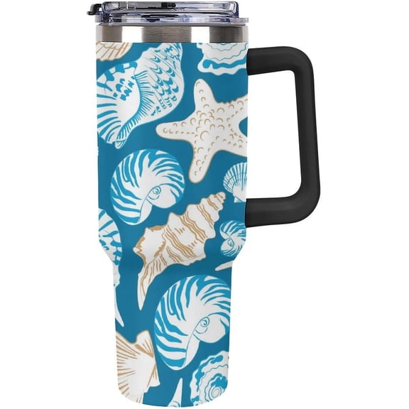 Pattern of Sea Shells 40oz Tumbler with Straw And Lid Ocean Blue Insulated Stainless Steel Travel Tumbler Coffee Cup Mug Water Bottle with Handle, Fits in Car Cup Holder