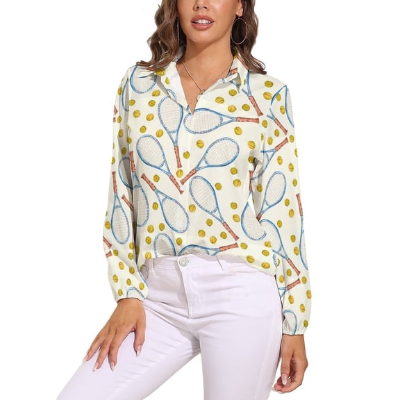 Pattern with Tennis Rackets with Tennis Balls Long Sleeve Blouse Woman Streetwear Casual Shirts Summer Oversize Woman Streetwear Clothing Birthday Present