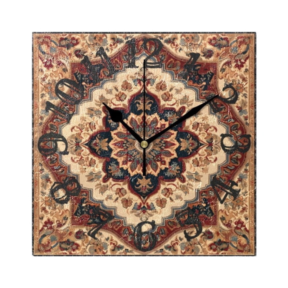 Pattern Vintage Boho Wall Clock Square Silent Non Ticking Battery Operated Clock for Home Bathroom Kitchen Bedroom Living Room