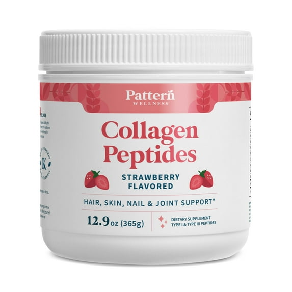 Pattern Wellness Collagen Peptides Powder (Type I & III) - Hair, Nails, Skin and Joint Health - Grass Fed & Pasture Raised - Hydrolyzed Collagen, Non-GMO, Dairy Free, & Keto - Strawberry (13 Oz)