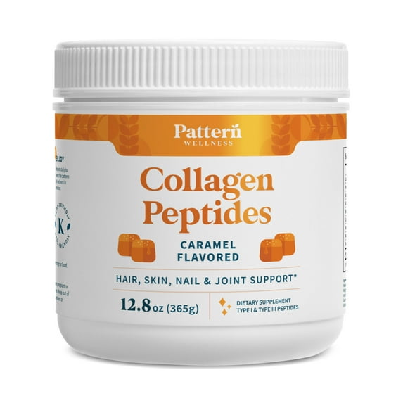 Pattern Wellness Collagen Peptides Powder (Type I & III) - Hair, Nails, Skin and Joint Health - Grass Fed & Pasture Raised - Hydrolyzed Collagen, Non-GMO, Dairy Free, & Keto - Caramel (13 Oz)