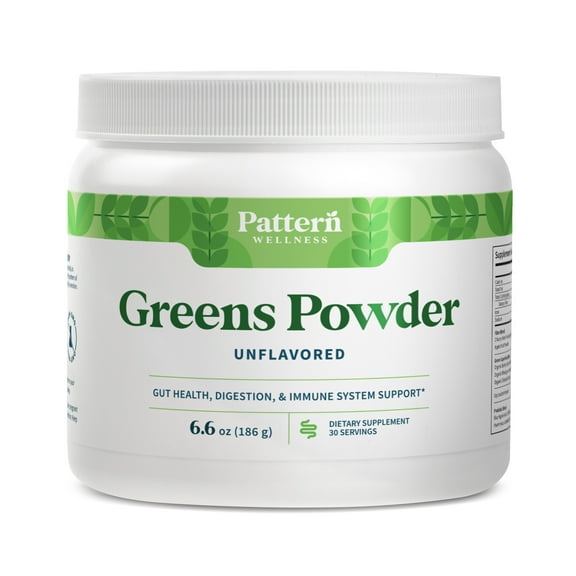 Pattern Wellness Greens Powder Superfood - Complete with Antioxidant, Digestive Enzyme, Fiber, Probiotic, & Adaptogen Blends - Gut, Digestion, & Immune System - 30 Servings - 16oz (Unflavored)