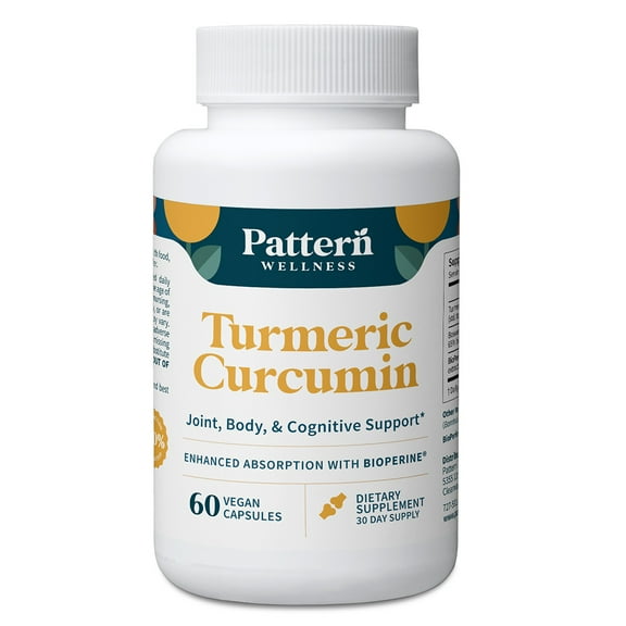 Pattern Wellness Turmeric Curcumin with BioPerine Joint, Cognitive & Body Support, 60 Count