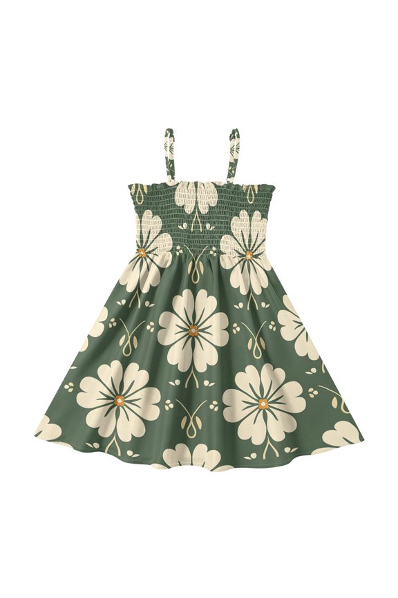Pattern Yellow Green Tile Pattern Girls' Casual Dresses 2Y-8Y Sleeveless Ruffle Neck for Summer Daily Wear