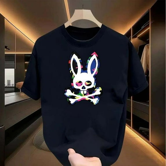 Pattern prinitng,Colorful bone rabbit T-shirt, fashionable and loose, youthful and energetic, daily wear tops, casual, clothing, simple and trendy, cool design,black,S-5XL