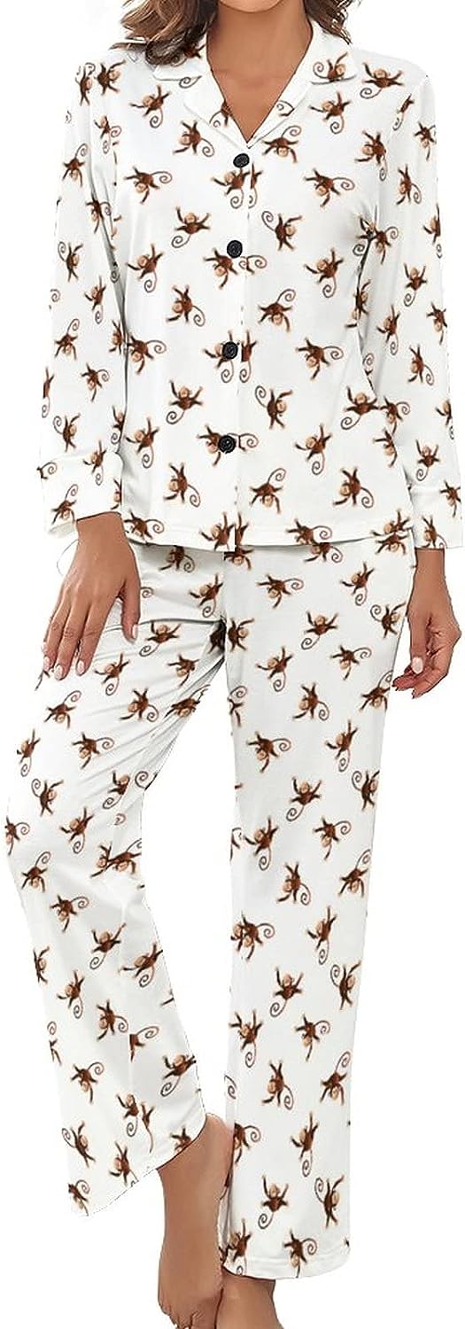 Pattern with Monkeys Women's Pajamas Set Button Down Sleepwear PJ Set Loungewear Night Suit with