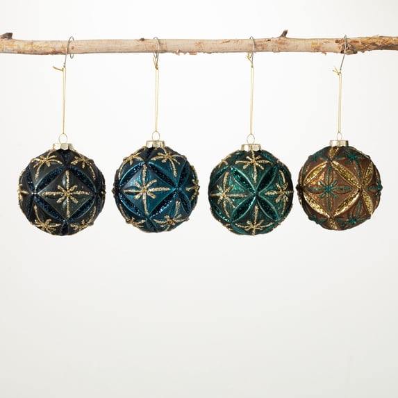 Patterned Ball Ornament Multicolor 4"H Glass Set of 4