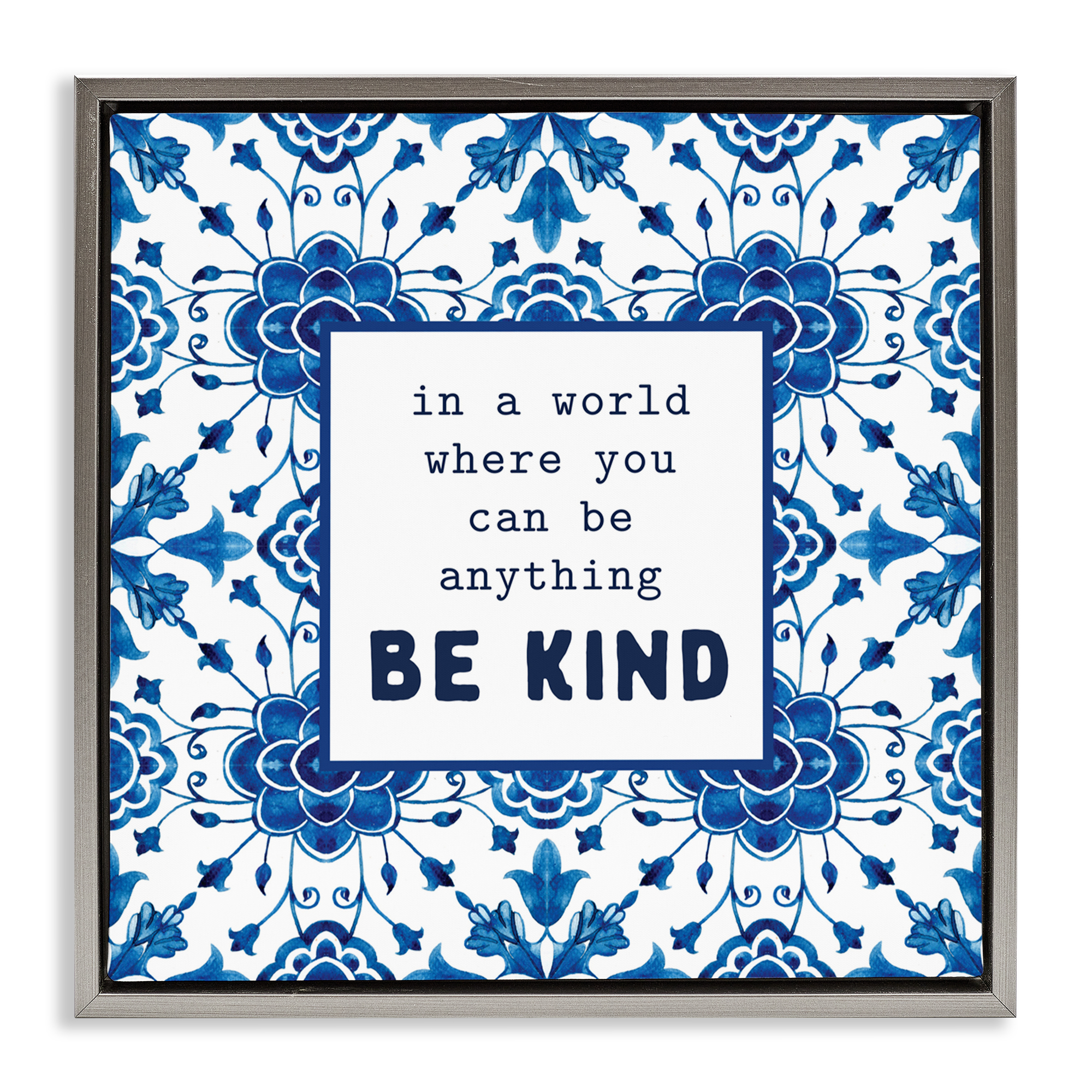 Patterned Be Kind Encouragement Gray Framed Floater Canvas Wall Art, design by Lettered and Lined