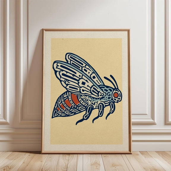 Patterned Bee Navy Rust Tribal Line Art Beige Background Insect Art Print Unframed Paper Print