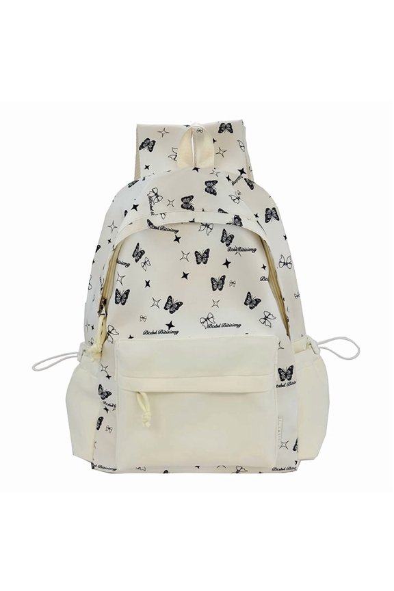Patterned Casual Knapsack, Multi-Compartment Nylon Shoulder Bag with Padded Straps, Water-Resistant Pack for Travel Daily Errands, 16.93 Inch (White)