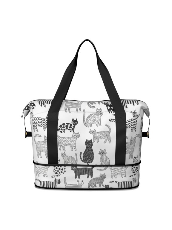 Patterned Cat White Pattern Expandable Travel Tote Bag, Luggage Sleeve Travel Bag with Dry Wet Pockets, Expandable Bottom Gift Ideas for Work Shopping Travel