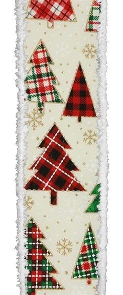 Patterned Christmas Tree Snowflake Red Ivory and Gold Wired Ribbon 2.5" x 100 Feet