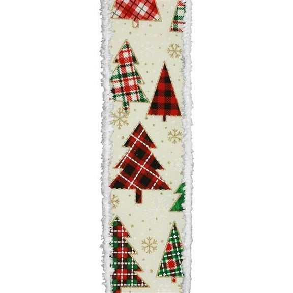 Patterned Christmas Tree Snowflake Red Ivory and Gold Wired Ribbon 2.5" x 100 Feet
