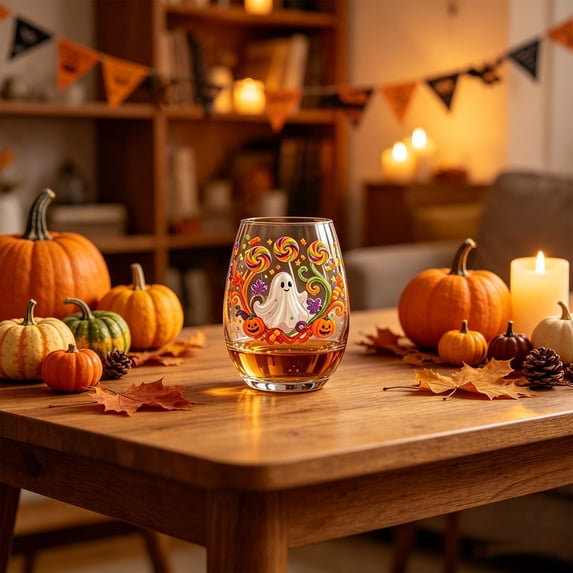 Patterned Clear Stemless Tumblers, Curved Ergonomic Drinking Glasses, Fall Themed Beverage Glassware for Cocktails, Iced Coffee and Daily Table Use