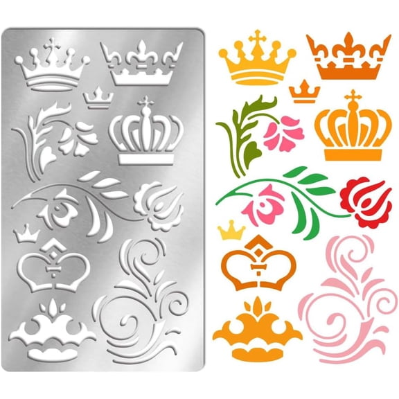Patterned Crown Metal Stencil Retro Stainless Steel Template Photo Album Stencil Reusable Cutting Dies Drawing Stencils Tool Template for Wood Carving DIY Scrapbooking Decorative