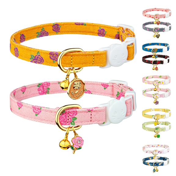 Patterned Cute Cat Collar 2 Pack, Safety Breakaway Cat Collar, Soft Adjustable Kitten Collar with Bell Pendant, Multi Color Options Lightweight Cat Collar Breakaway for Kitten Cat-D