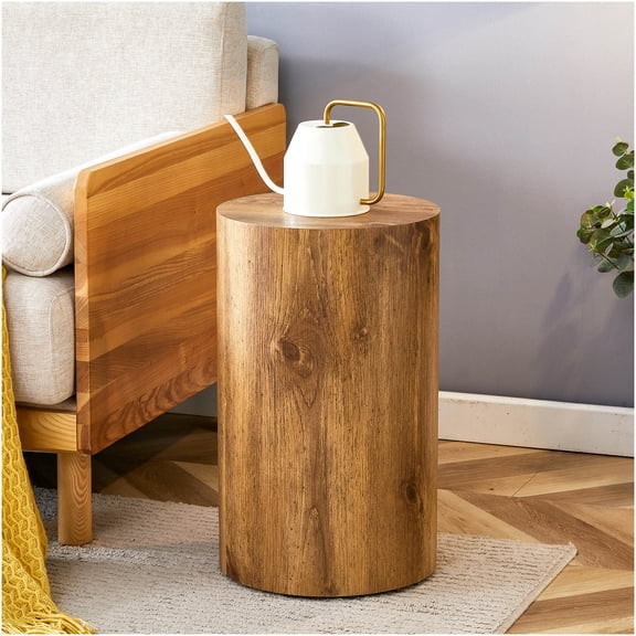Patterned Cylindrical End Table for Living Room, Round Side Table with Floral Design, Wood Finish MDF Small Table for Bedroom, Office, Dorm