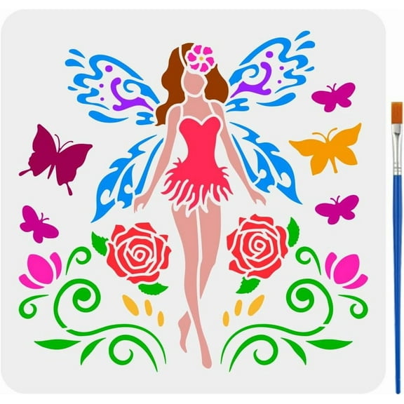 Patterned Fairy Stencil: 11.8x11.8 inch Reusable Flower Fairy Template with Brush Hollowed Fluttering Butterflies Roses Fantasy Theme