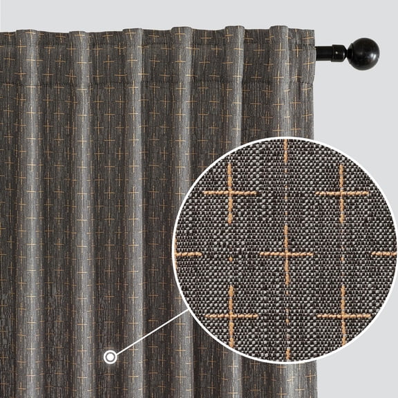 Patterned Farmhouse Linen Curtains, Back Tab, 52Wx84L, Dark Grey | Linen Curtains with Geometric Pattern,Rustic Thick Woven Textured,Floor to Ceiling Drapes for Living Room Bedroom,2 Panels