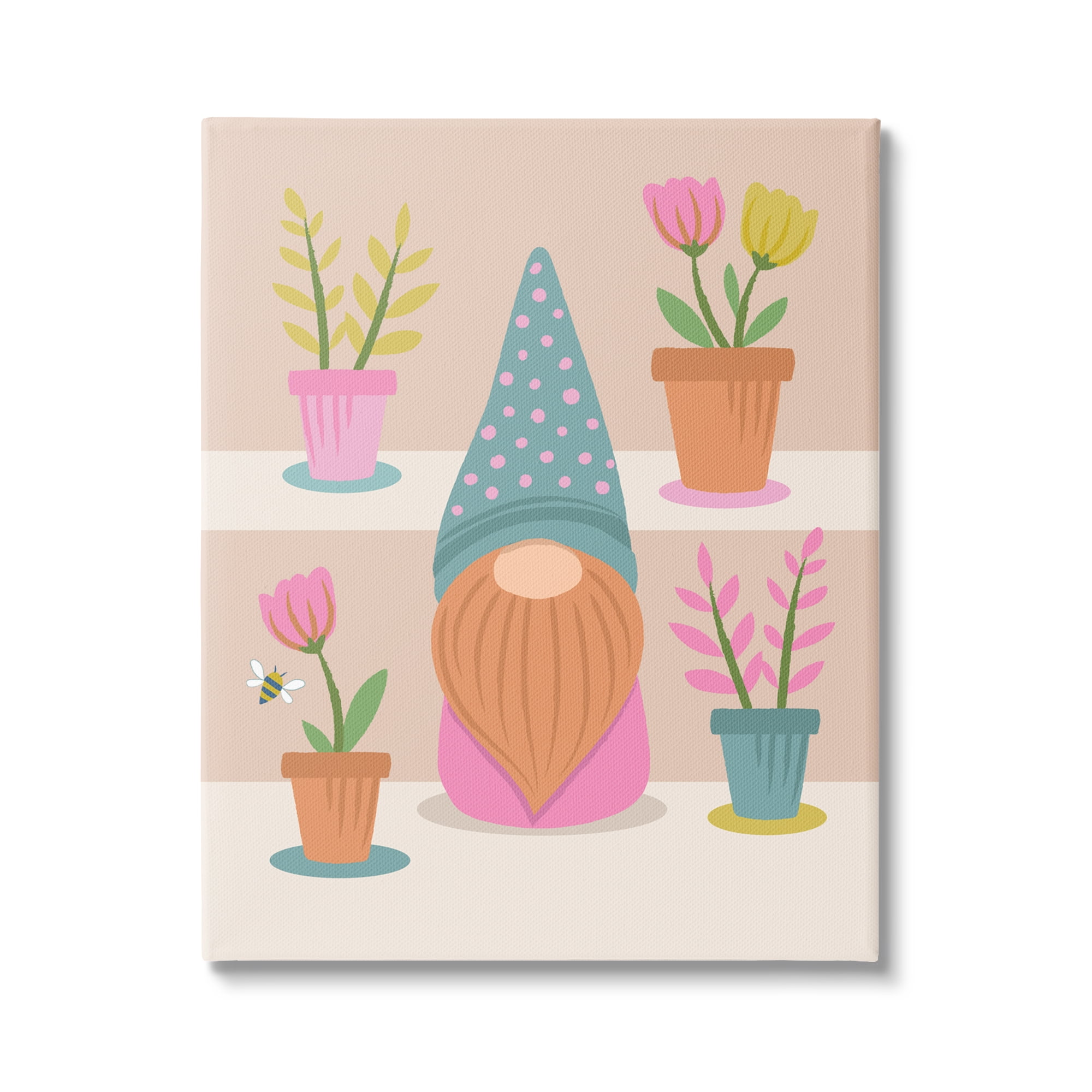 Patterned Garden Gnome Flower Pots Honey Bee Botanical & Floral Graphic Art Gallery-Wrapped Canvas Print Wall Art