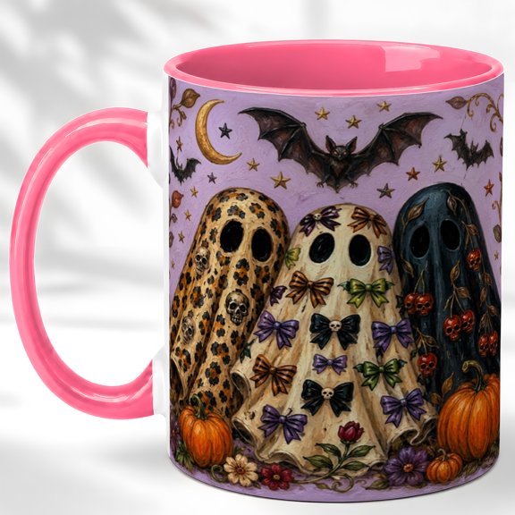 Patterned Ghost Coffee Mug, Spooky Halloween Mug, Ceramic 11 oz