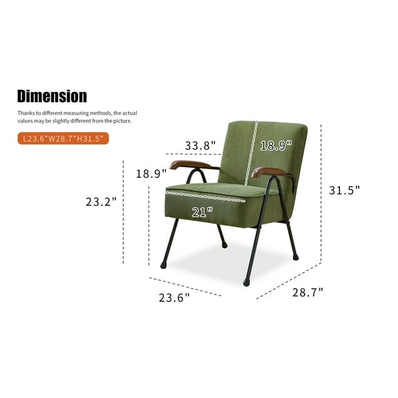Patterned Green Corduroy Armchair: Modern High Back Accent Chair with Metal Legs, Oversized & Comfortable Seat (23.6"W x 28.7"D x 31.5"H) for Living Room, Home Office.