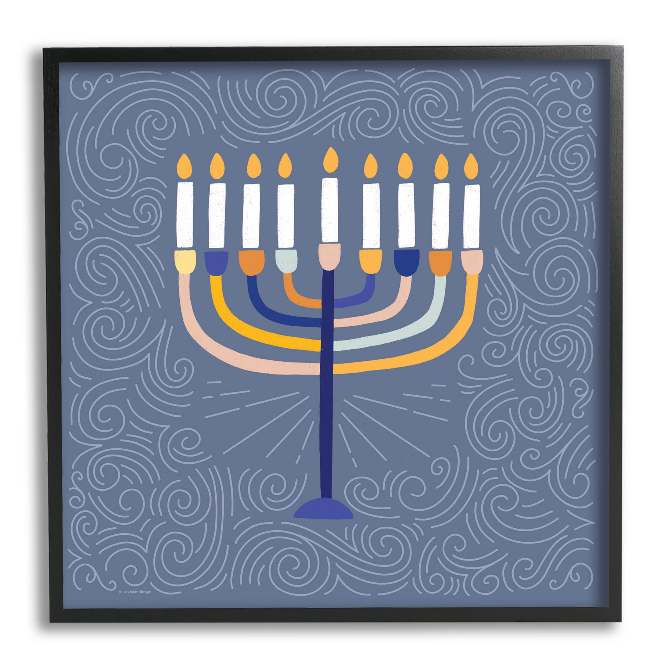 Patterned Hanukkah Menorah Swirls Holiday Graphic Art Black Framed Art Print Wall Art