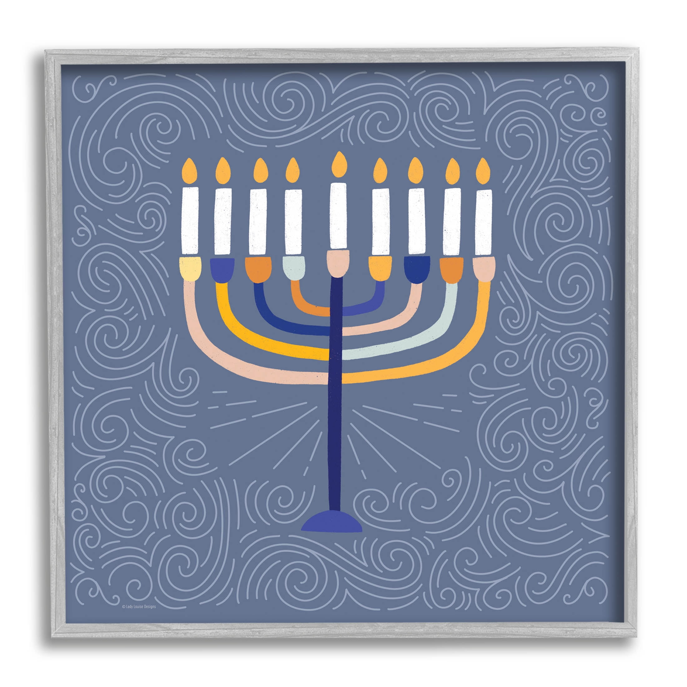 Patterned Hanukkah Menorah Swirls Holiday Graphic Art Gray Framed Art Print Wall Art