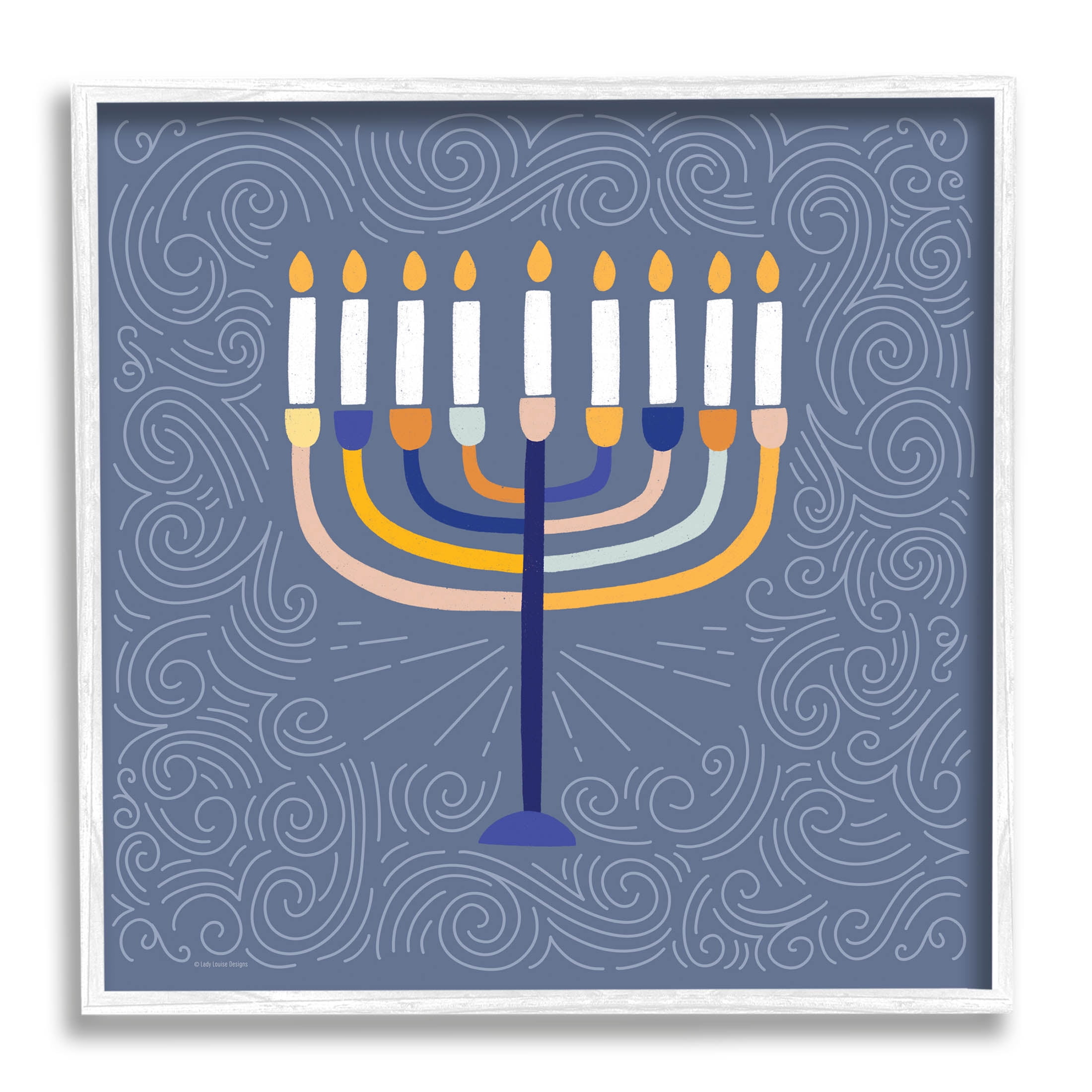 Patterned Hanukkah Menorah Swirls Holiday Graphic Art White Framed Art Print Wall Art
