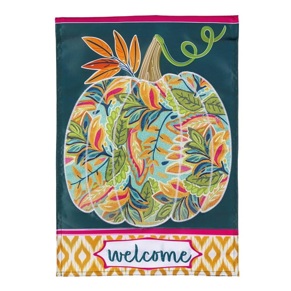 Patterned Jacobean Floral Pumpkin Applique Garden Flag