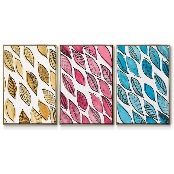 Patterned Leaf Shapes I - Framed Premium Gallery Wrapped Canvas L Frame 3 Piece Set - Ready to Hang