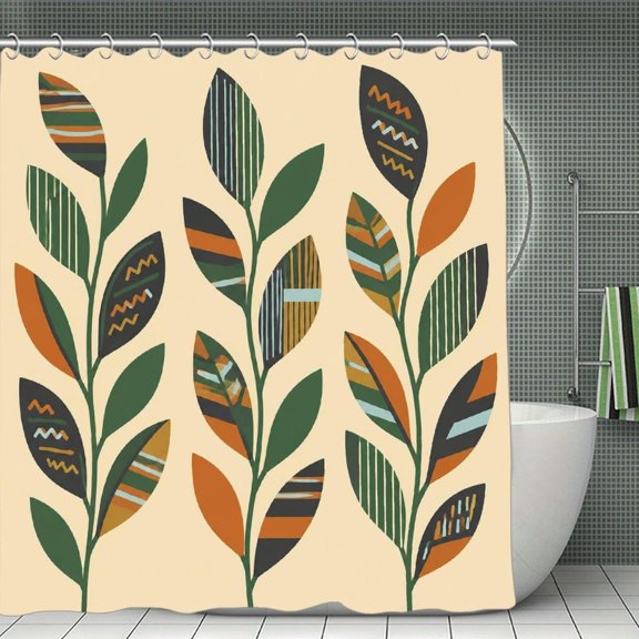Patterned Leaves Trio Print Shower Curtain,Cloth Fabric Waterproof Polyester Bathroom Home Decor Set with Hooks 70.8×70.8Inch