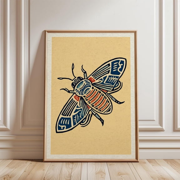 Patterned Moth Navy Rust Tribal Line Art Beige Background Insect Wall Art, Unframed Paper Poster 8x10in