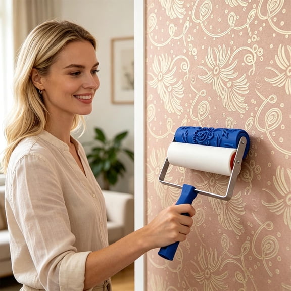 Patterned Paint Roller, 12.6in Wall Texture Roller with Blue Pattern & White Sponge Roller, DIY Decorative Tool for Painting Printmaking