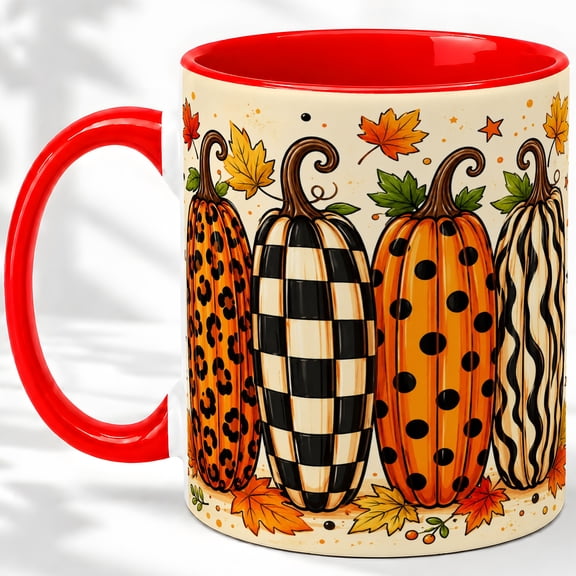 Patterned Pumpkin Accent Mug, 11oz Ceramic Mug for Autumn Glossy ceramic mug with double-sided fall pumpkin artwork for daily coffee or tea at home or office