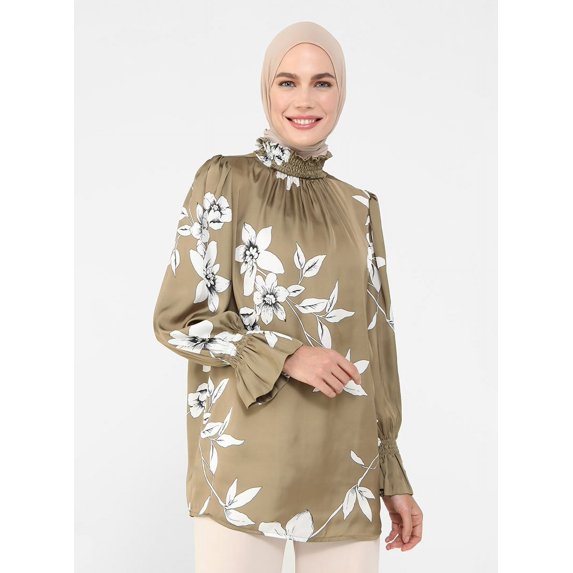 Patterned Satin Blouse With Gipe Detail On Collar And Sleeve Ends Oil Green