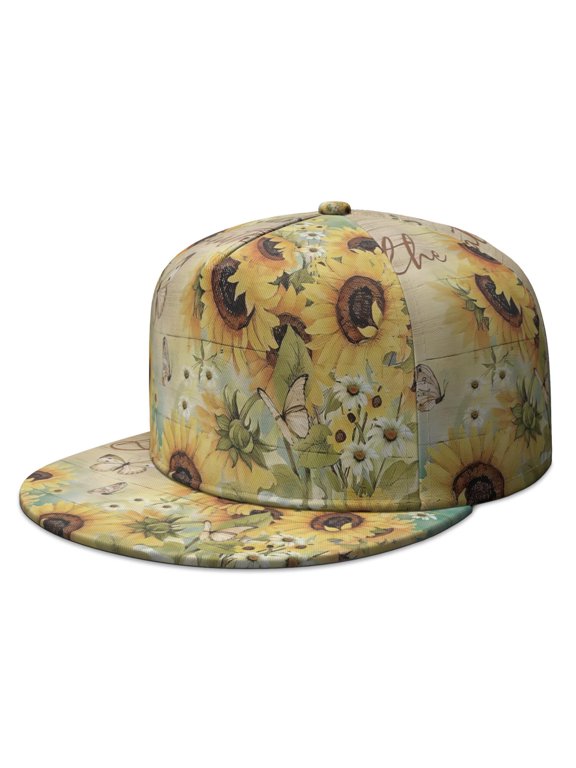 Patterned Sunflower Snapback Hat, Adjustable Flat Bill Cap, Vintage Floral Illustration, Hip Hop Fashion