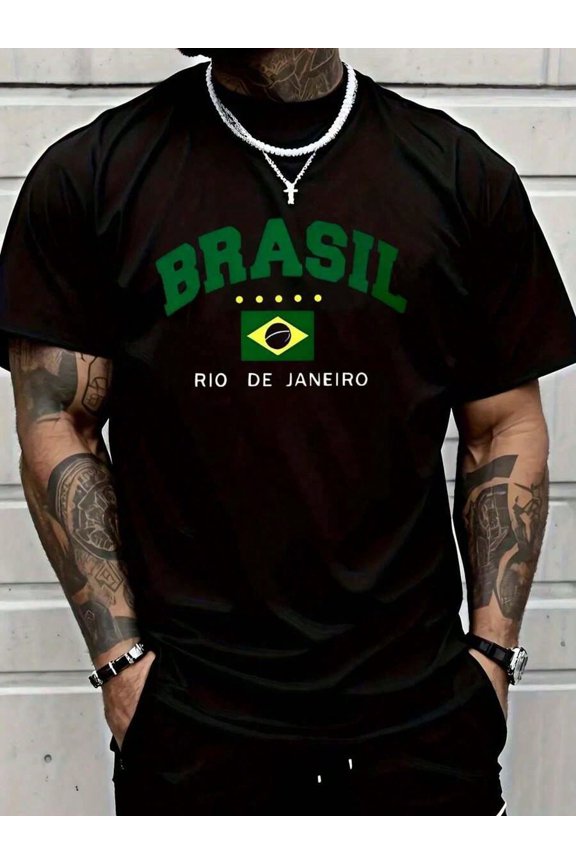 Patterned T-Shirt Brasil Rio Design With Brazilian Flag, Green & Yellow Print, Casual Round Neck Tee For Sports & Casual Attire, Soccer ShirtsThe New Style Is High-End And Versatile