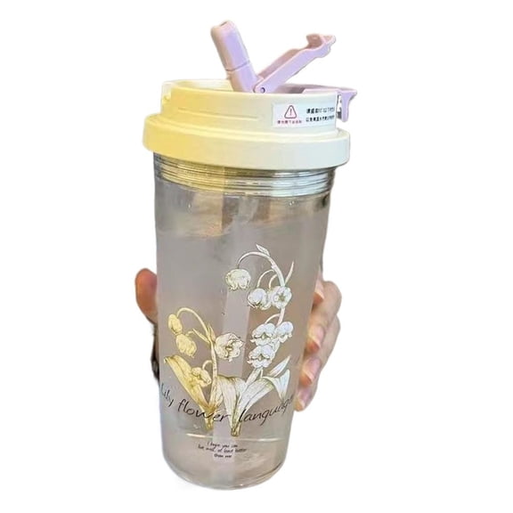 Patterned Travel Coffee Cup, Lily of The Valley Summer Water Cup for Girls with high Value Double Drink Straw Plastic Cup Tea Water Separation Large Capacity car Coffee Cup, 600ML