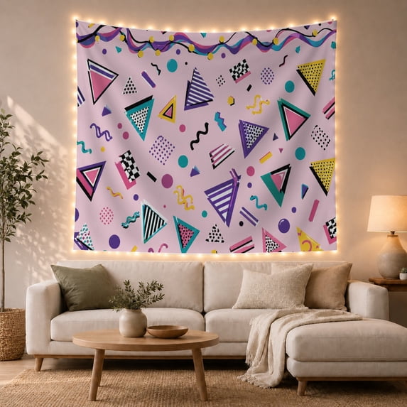 Patterned Triangles Across a Lavender Pink Field, Whimsical Retro for Art Lovers, Memphis Pop Art, Housewarming Gift, Tapestry Wall Hanging for Bedroom, Studio and Dorm