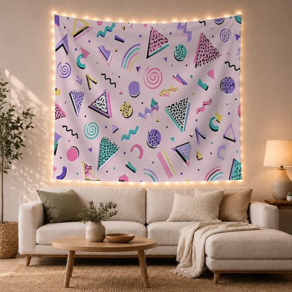 Patterned Triangles Across a Pink Field, Nostalgic Retro for Art Lovers, Memphis Wall Art, Housewarming Gift, Tapestry Wall Hanging for Bedroom, Studio and Dorm