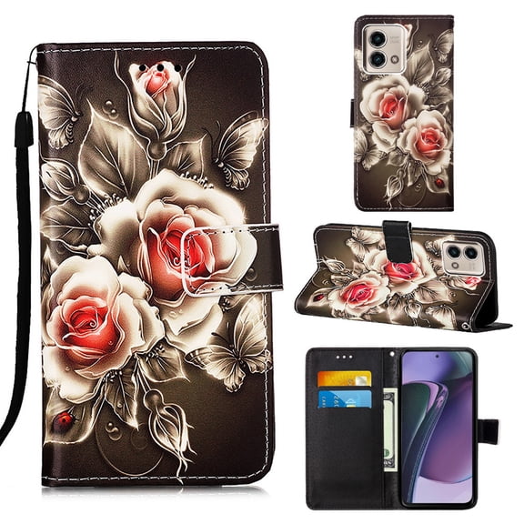 Patterned Wallet Case for Motorola Moto G Stylus 5G 2023,Dteck Magnetic Leather Card Slots Pocket Case Shockproof TPU Kickstand Full Body Protective Cover with Wrist Strap,Flowers