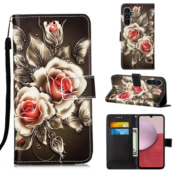 Patterned Wallet Case for Samsung Galaxy A15,Dteck Magnetic Leather Card Slots Pocket Case Shockproof TPU Kickstand Full Body Protective Cover with Wrist Strap for Galaxy A15 5G,Flowers