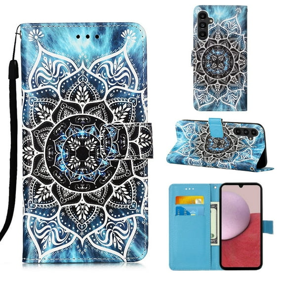 Patterned Wallet Case for Samsung Galaxy A15,Dteck Magnetic Leather Card Slots Pocket Case Shockproof TPU Kickstand Full Body Protective Cover with Wrist Strap for Galaxy A15 5G,Black Flower