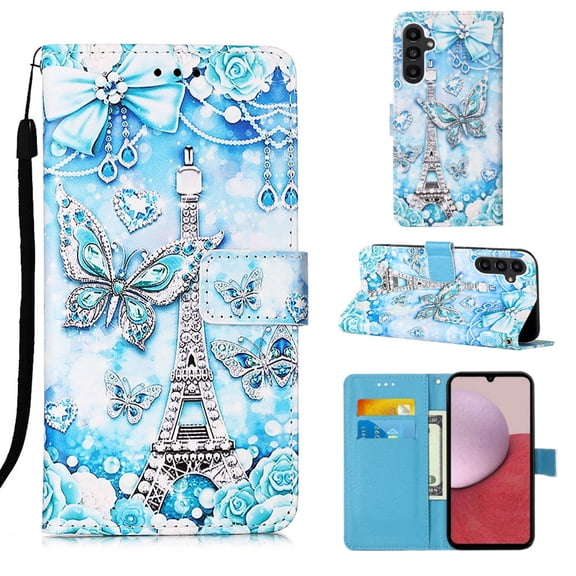 Patterned Wallet Case for Samsung Galaxy A25 5G,Dteck Magnetic Leather Card Slots Pocket Case Shockproof TPU Kickstand Full Body Protective Cover with Wrist Strap,Tower